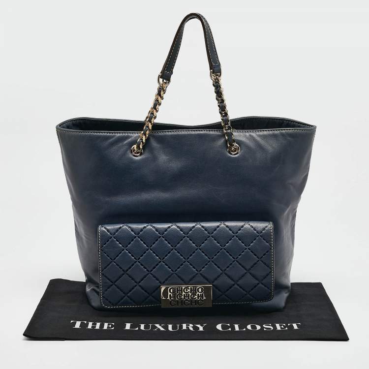 Pre Owned CH Carolina Herrera Navy Blue Leather Pocket Shopper Tote