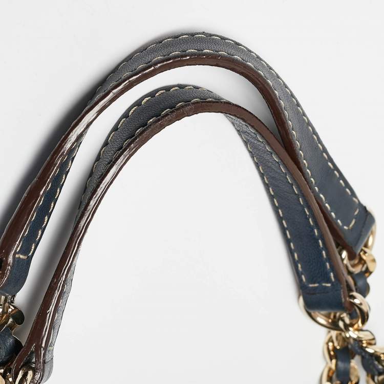 Pre Owned CH Carolina Herrera Navy Blue Leather Pocket Shopper Tote