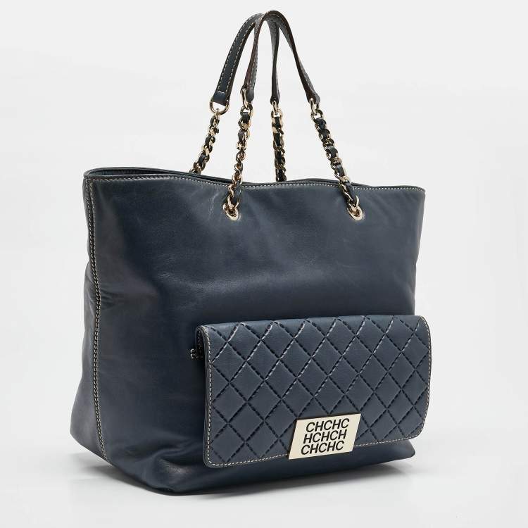 Pre Owned CH Carolina Herrera Navy Blue Leather Pocket Shopper Tote