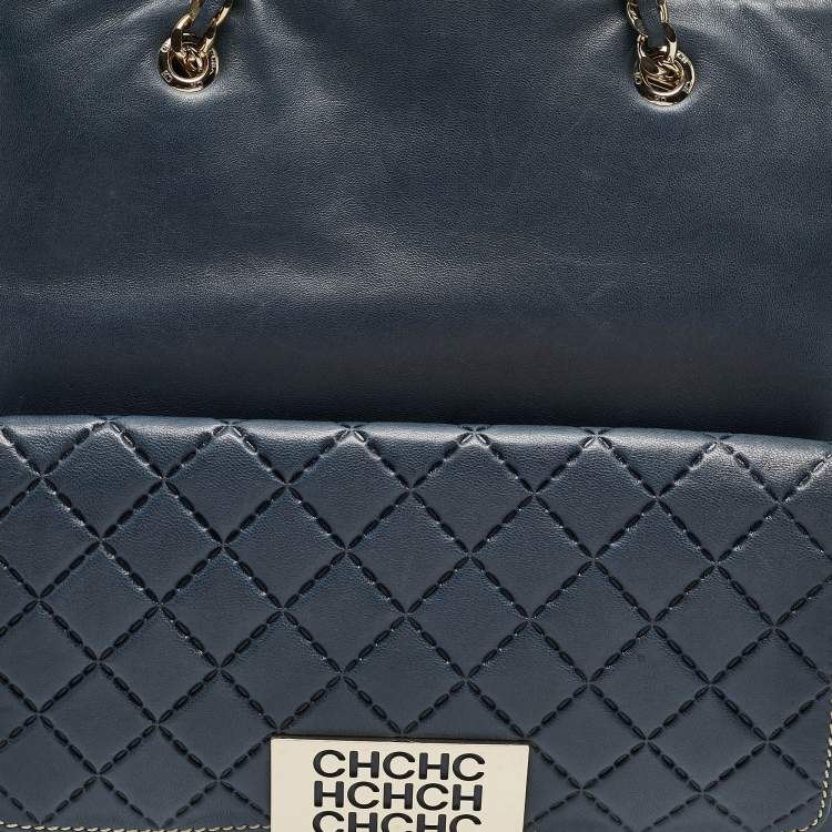 Pre Owned CH Carolina Herrera Navy Blue Leather Pocket Shopper Tote