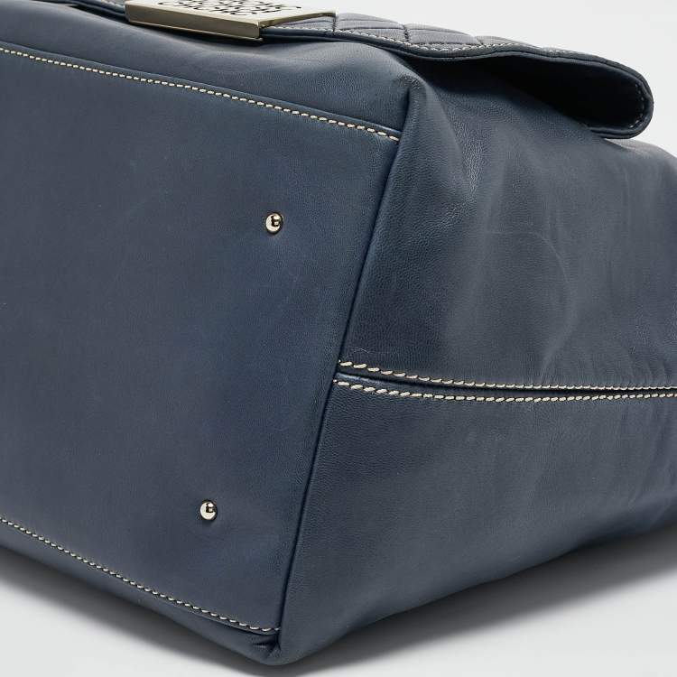 Pre Owned CH Carolina Herrera Navy Blue Leather Pocket Shopper Tote
