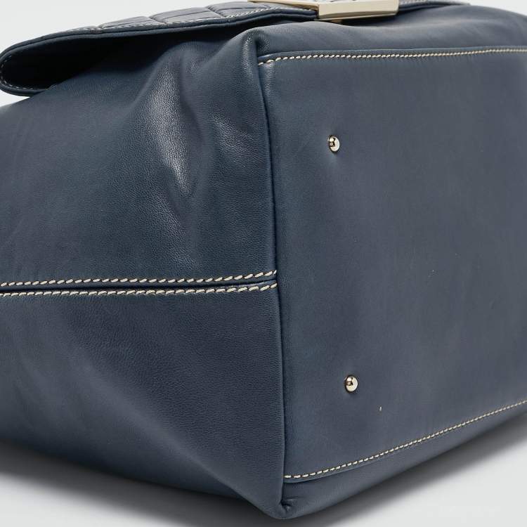 Pre Owned CH Carolina Herrera Navy Blue Leather Pocket Shopper Tote