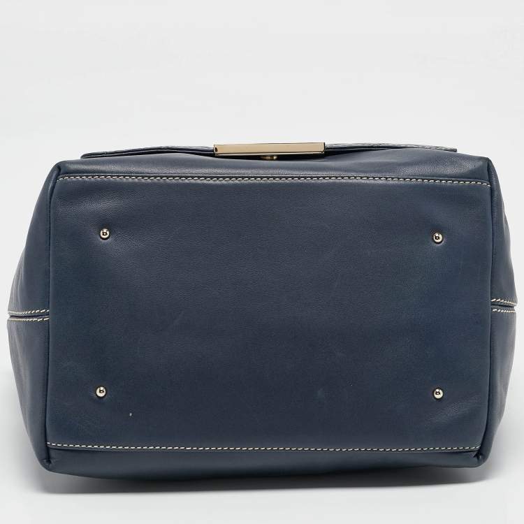 Pre Owned CH Carolina Herrera Navy Blue Leather Pocket Shopper Tote