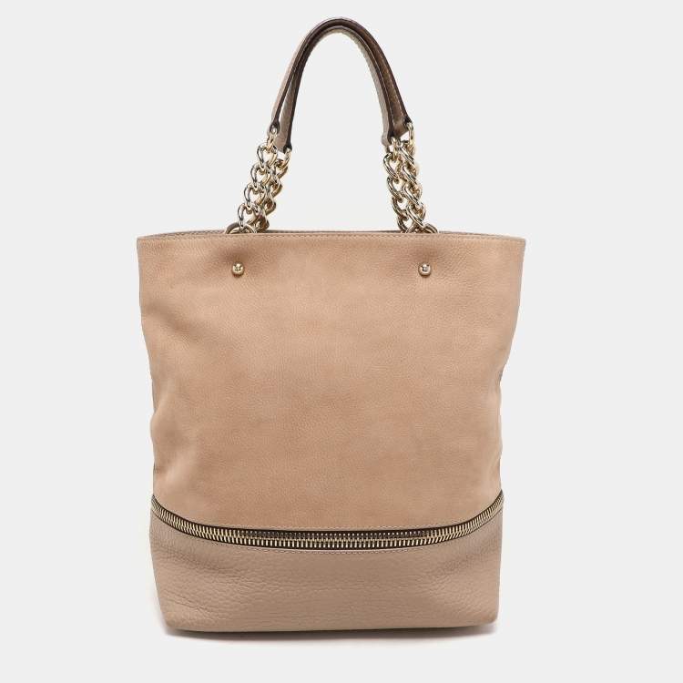 Pre Owned CH Carolina Herrera Beige Leather Zip Detail Chain Tote