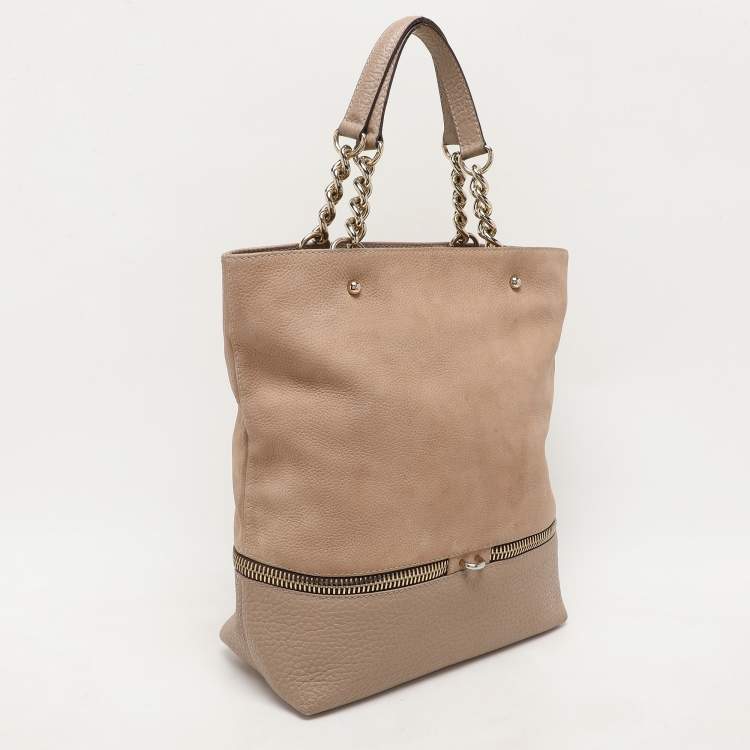 Pre Owned CH Carolina Herrera Beige Leather Zip Detail Chain Tote