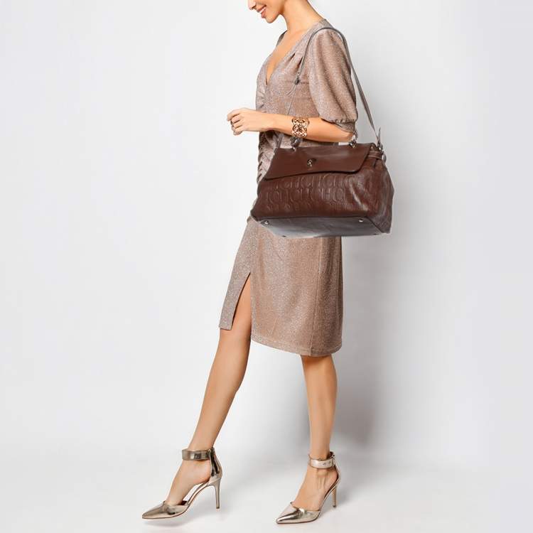Pre Owned CH Carolina Herrera Brown Monogram Embossed Leather Flap Top Handle Bag
