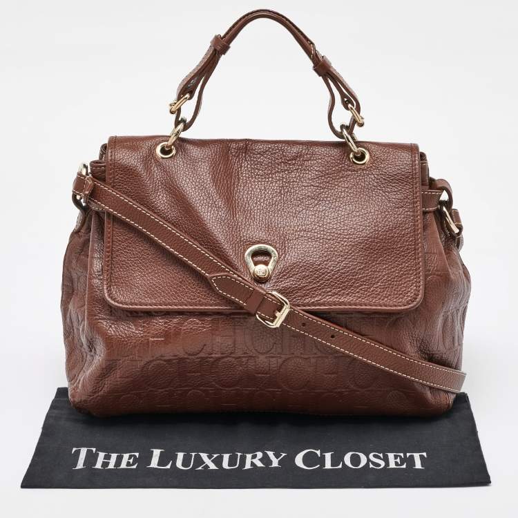 Pre Owned CH Carolina Herrera Brown Monogram Embossed Leather Flap Top Handle Bag