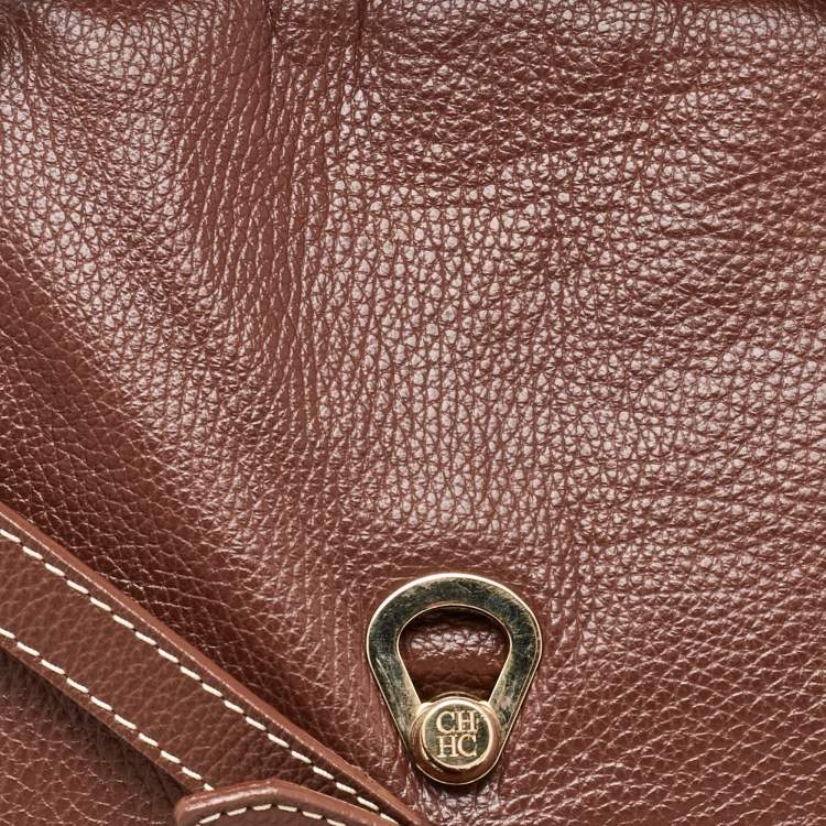 Pre Owned CH Carolina Herrera Brown Monogram Embossed Leather Flap Top Handle Bag
