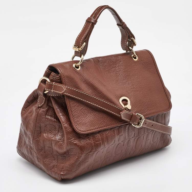 Pre Owned CH Carolina Herrera Brown Monogram Embossed Leather Flap Top Handle Bag