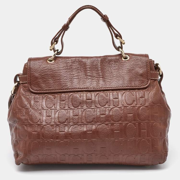 Pre Owned CH Carolina Herrera Brown Monogram Embossed Leather Flap Top Handle Bag