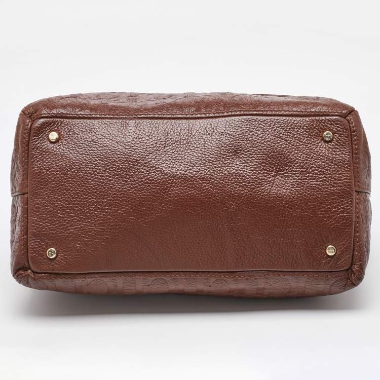 Pre Owned CH Carolina Herrera Brown Monogram Embossed Leather Flap Top Handle Bag