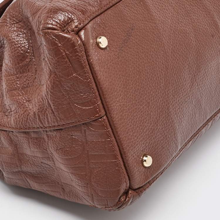 Pre Owned CH Carolina Herrera Brown Monogram Embossed Leather Flap Top Handle Bag