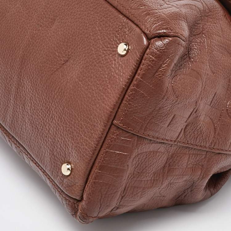 Pre Owned CH Carolina Herrera Brown Monogram Embossed Leather Flap Top Handle Bag