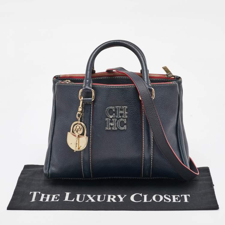 Pre Owned CH Carolina Herrera Navy Blue Leather Matteo Tote