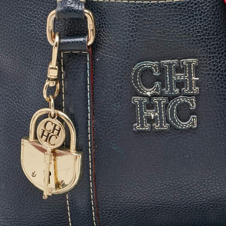 Pre Owned CH Carolina Herrera Navy Blue Leather Matteo Tote