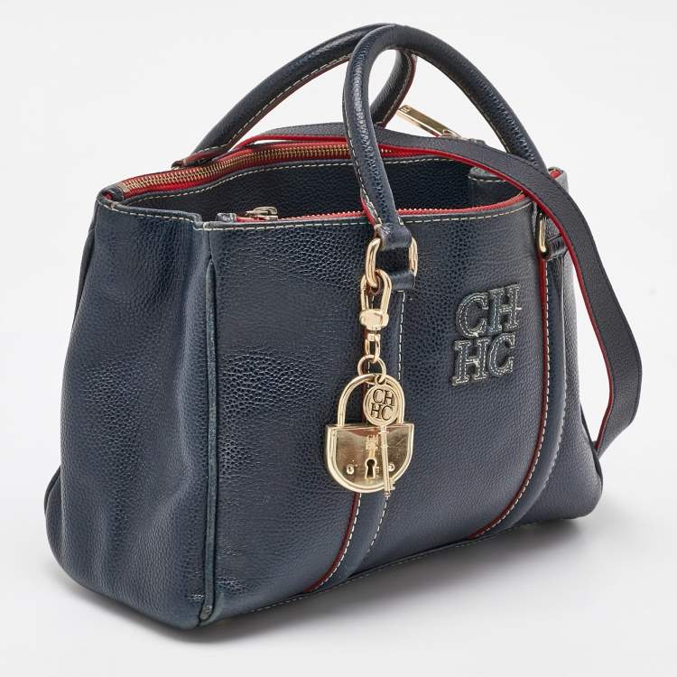 Pre Owned CH Carolina Herrera Navy Blue Leather Matteo Tote