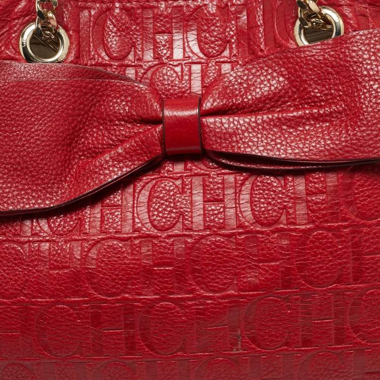 Pre Owned CH Carolina Herrera Red Monogram Leather Audrey  Chain Tote