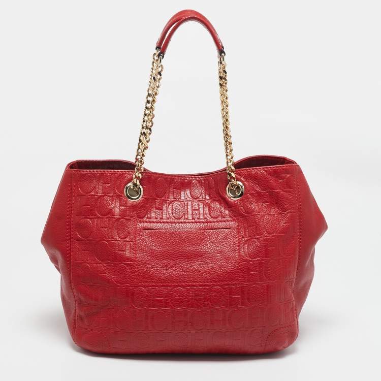 Pre Owned CH Carolina Herrera Red Monogram Leather Audrey  Chain Tote