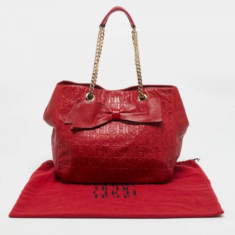 Pre Owned CH Carolina Herrera Red Monogram Leather Audrey  Chain Tote