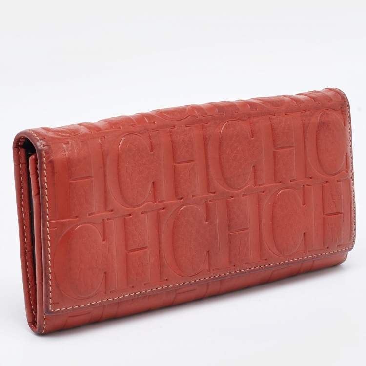 Pre Owned CH Carolina Herrera Rust Orange Monogram Leather Flap Continental Wallet