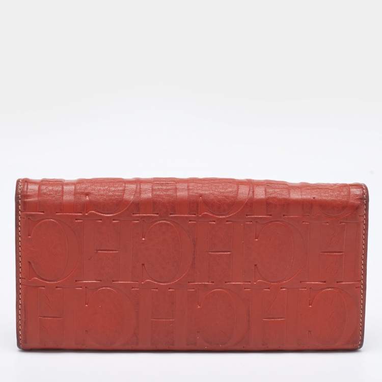 Pre Owned CH Carolina Herrera Rust Orange Monogram Leather Flap Continental Wallet