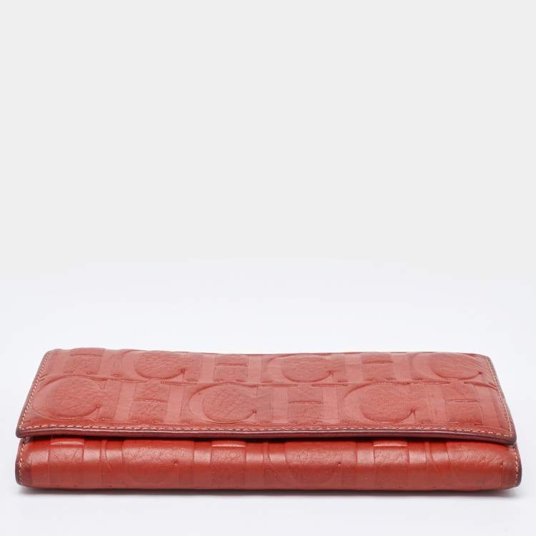 Pre Owned CH Carolina Herrera Rust Orange Monogram Leather Flap Continental Wallet