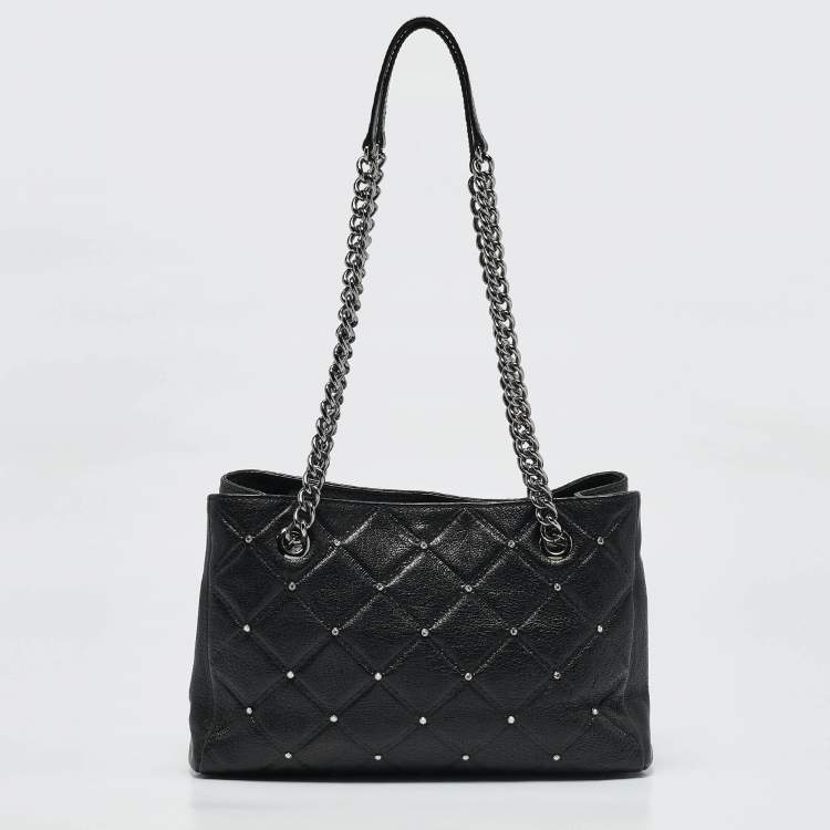 Pre Owned CH Carolina Herrera Black Quilted Leather Crystal Studded Chain Tote