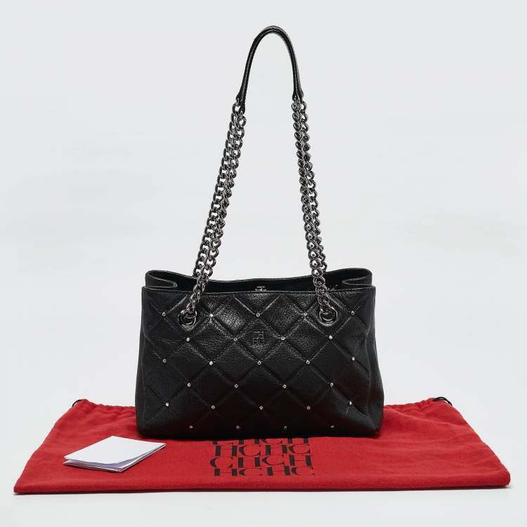 Pre Owned CH Carolina Herrera Black Quilted Leather Crystal Studded Chain Tote