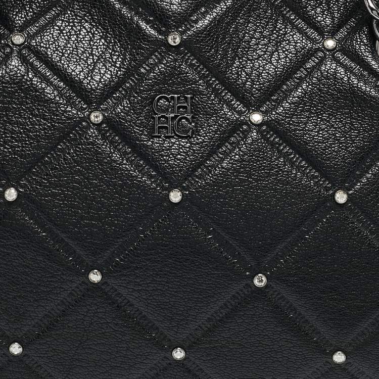 Pre Owned CH Carolina Herrera Black Quilted Leather Crystal Studded Chain Tote