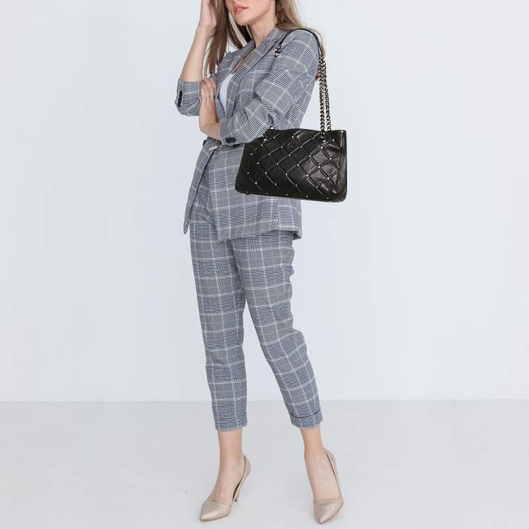 Pre Owned CH Carolina Herrera Black Quilted Leather Crystal Studded Chain Tote