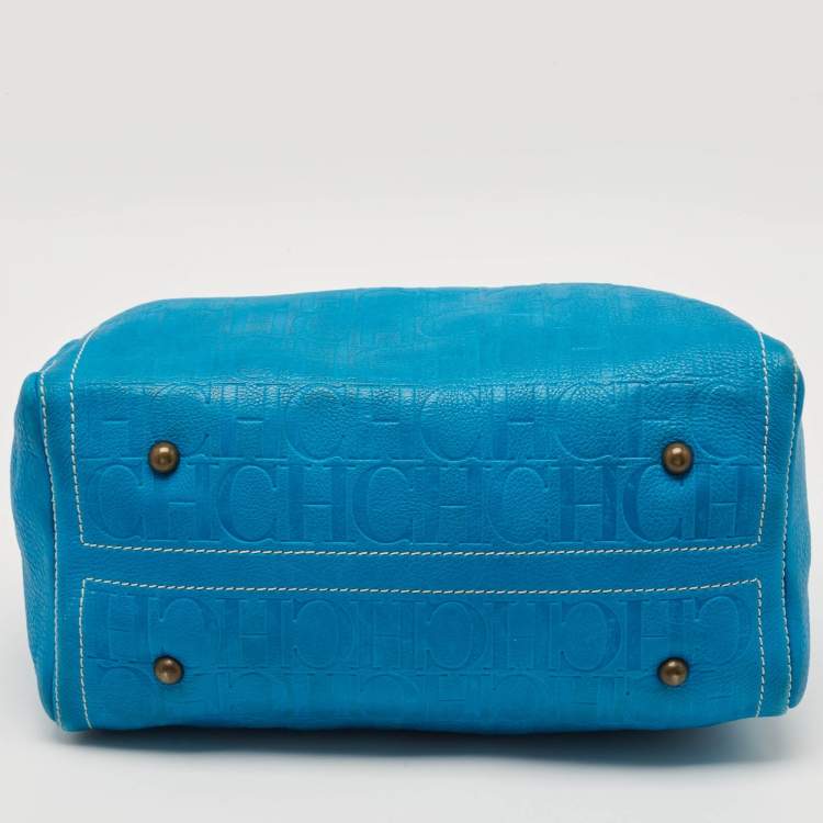 Pre Owned CH Carolina Herrera Blue Monogram Embossed Leather Large Andy Boston Bag