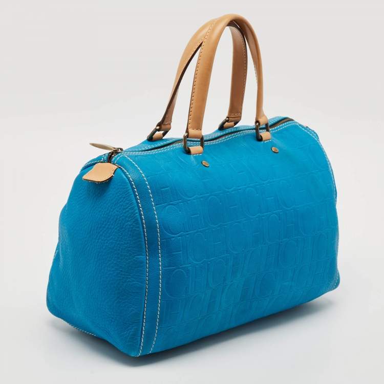 Pre Owned CH Carolina Herrera Blue Monogram Embossed Leather Large Andy Boston Bag