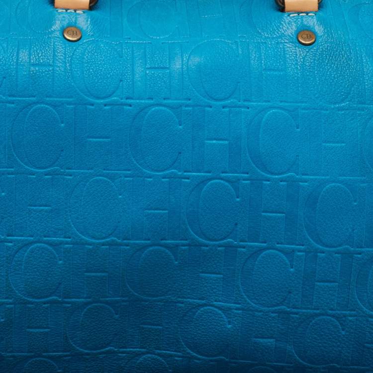Pre Owned CH Carolina Herrera Blue Monogram Embossed Leather Large Andy Boston Bag