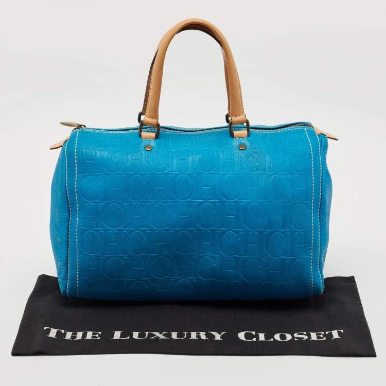 Pre Owned CH Carolina Herrera Blue Monogram Embossed Leather Large Andy Boston Bag