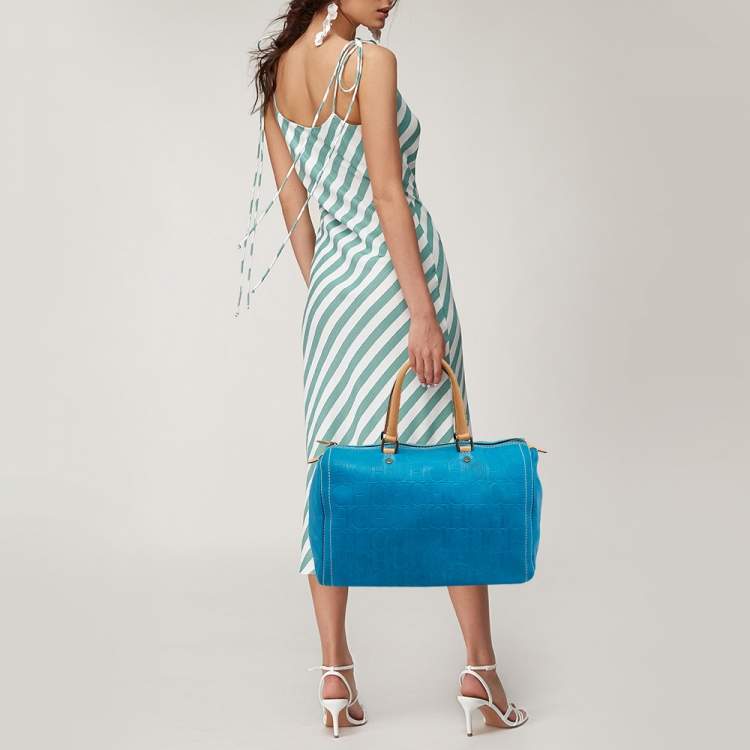 Pre Owned CH Carolina Herrera Blue Monogram Embossed Leather Large Andy Boston Bag