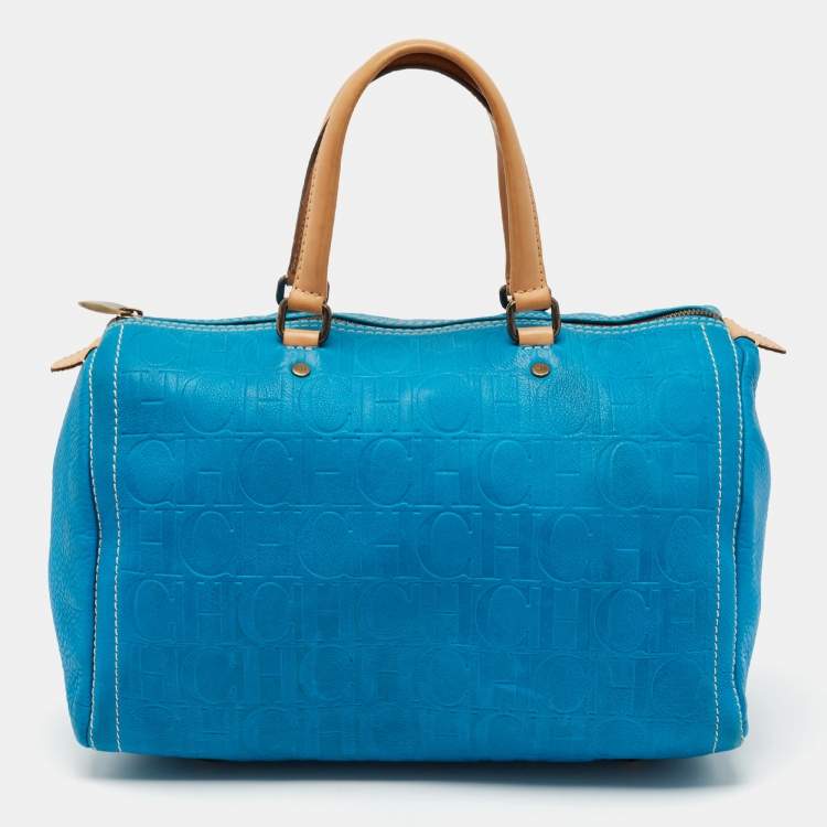 Pre Owned CH Carolina Herrera Blue Monogram Embossed Leather Large Andy Boston Bag