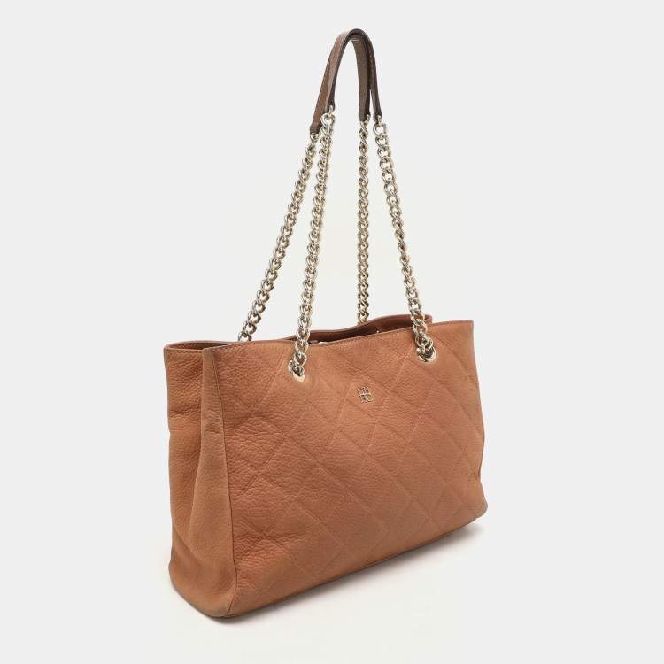 Pre Owned Carolina Herrera Brown Logo Embossed Quilted Leather Chain Tote