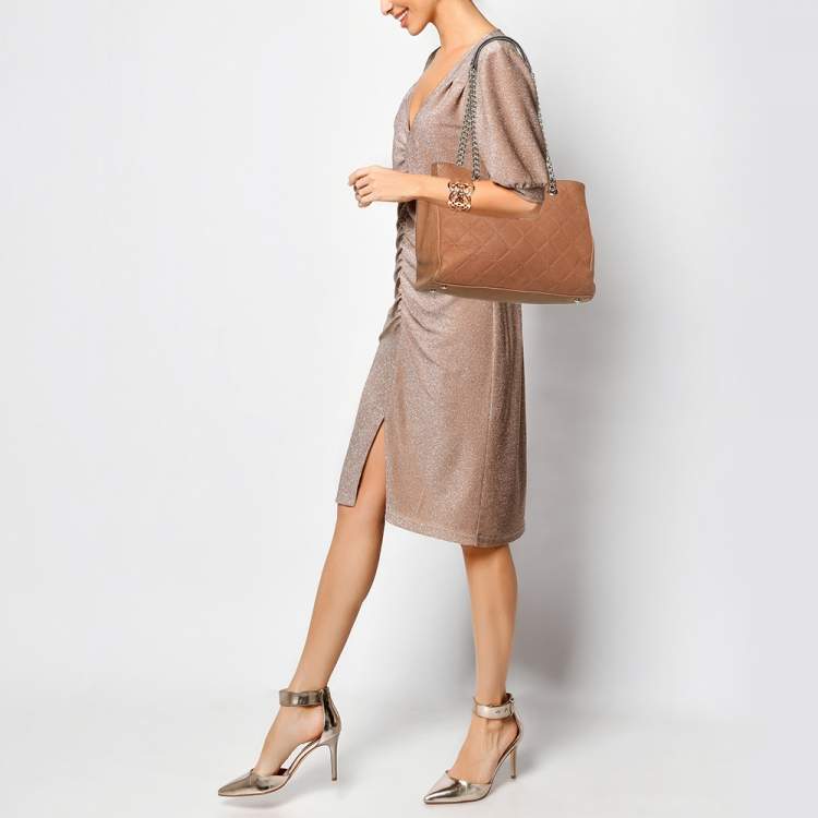 Pre Owned Carolina Herrera Brown Logo Embossed Quilted Leather Chain Tote