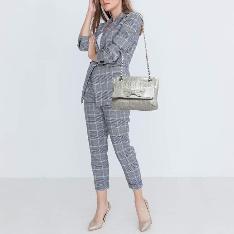 Pre Owned CH Carolina Herrera Silver Monogram Embossed Leather Audrey Bow Shoulder Bag