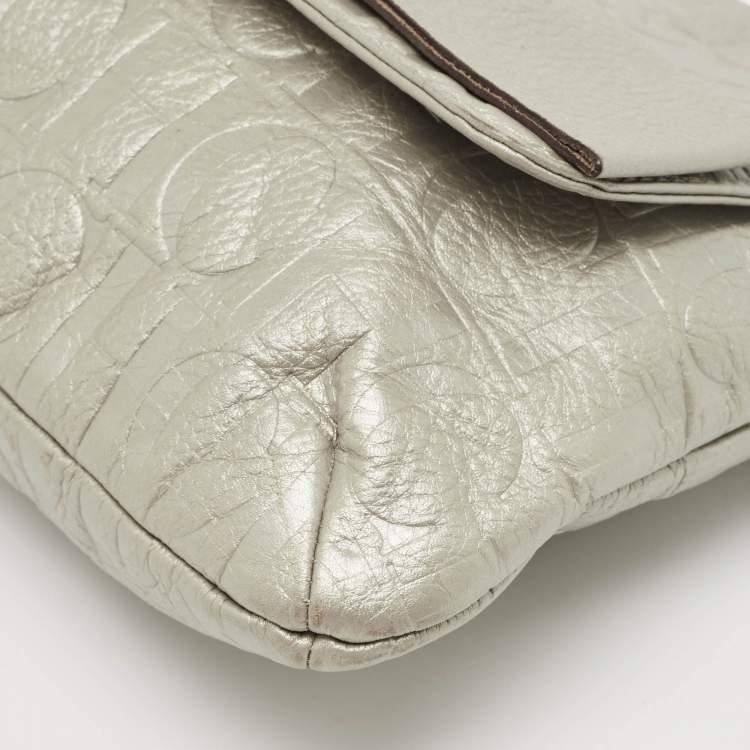 Pre Owned CH Carolina Herrera Silver Monogram Embossed Leather Audrey Bow Shoulder Bag