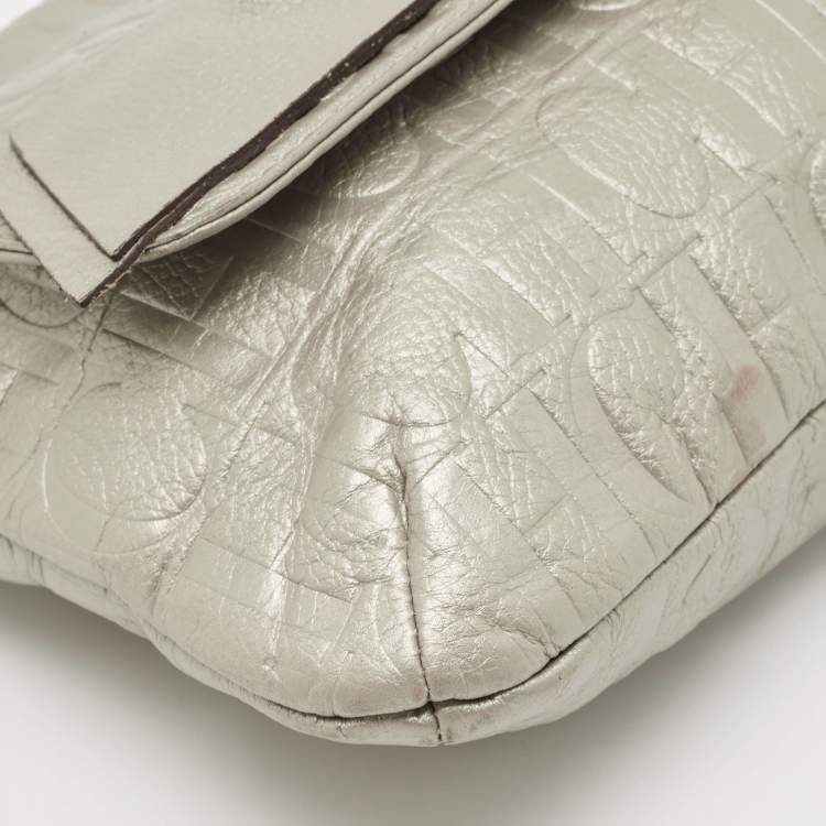 Pre Owned CH Carolina Herrera Silver Monogram Embossed Leather Audrey Bow Shoulder Bag