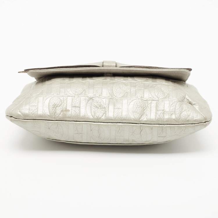 Pre Owned CH Carolina Herrera Silver Monogram Embossed Leather Audrey Bow Shoulder Bag