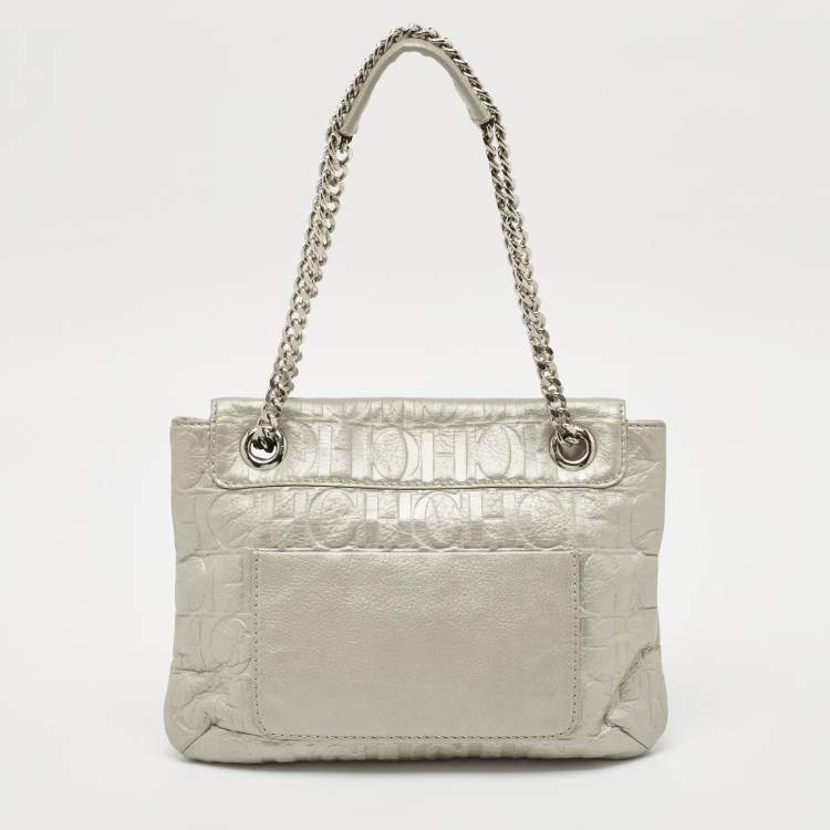 Pre Owned CH Carolina Herrera Silver Monogram Embossed Leather Audrey Bow Shoulder Bag