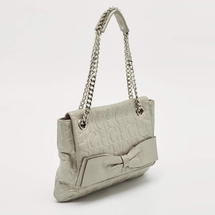 Pre Owned CH Carolina Herrera Silver Monogram Embossed Leather Audrey Bow Shoulder Bag