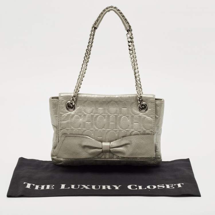Pre Owned CH Carolina Herrera Silver Monogram Embossed Leather Audrey Bow Shoulder Bag
