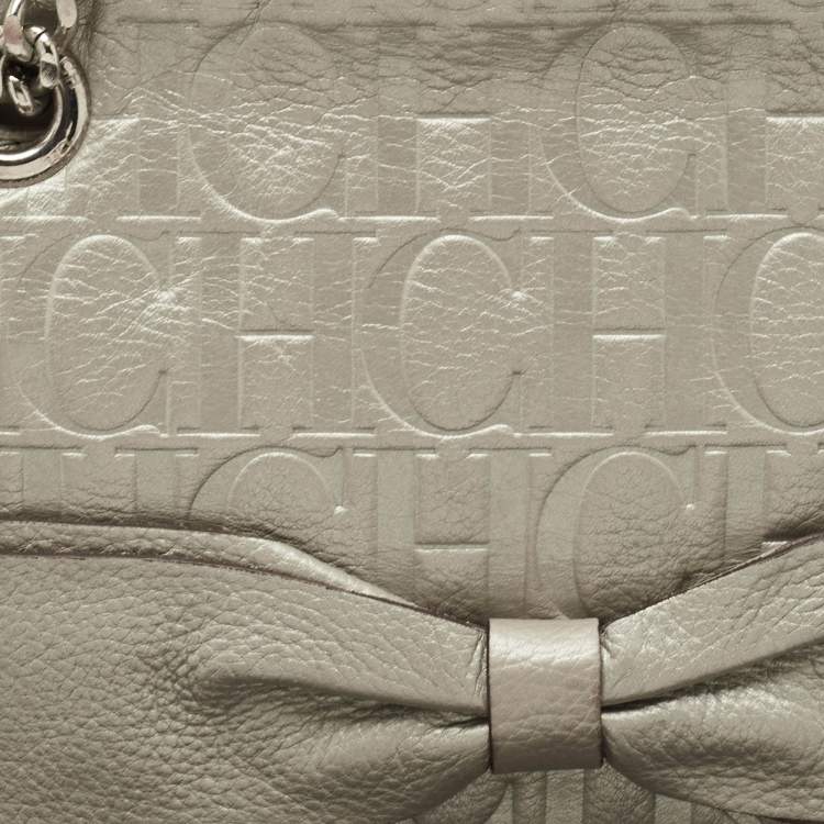 Pre Owned CH Carolina Herrera Silver Monogram Embossed Leather Audrey Bow Shoulder Bag