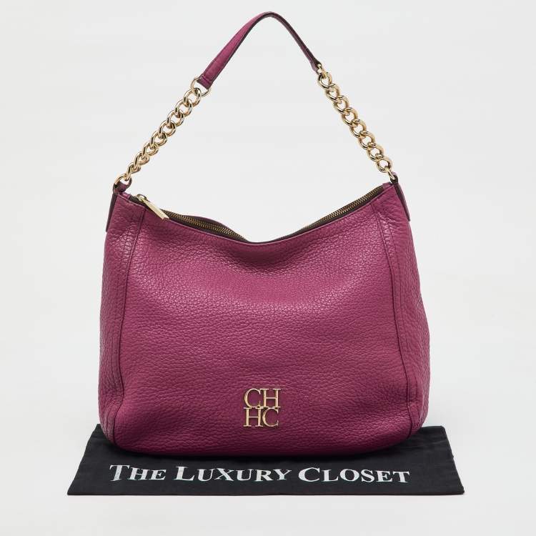 Pre Owned CH Carolina Herrera Pink Grained Leather Zip Hobo