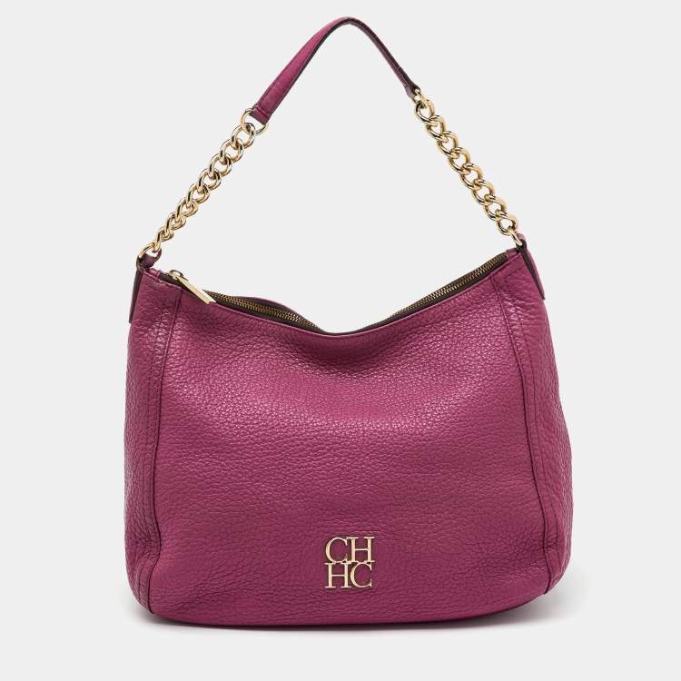Pre Owned CH Carolina Herrera Pink Grained Leather Zip Hobo