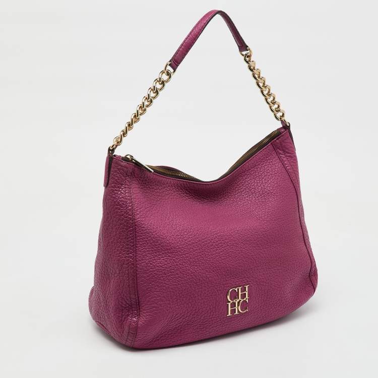 Pre Owned CH Carolina Herrera Pink Grained Leather Zip Hobo