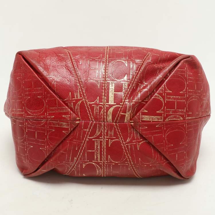 Pre Owned CH Carolina Herrera Red/Gold Monogram Leather Chain Tote